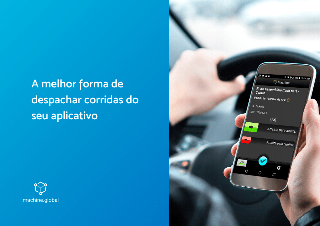 Motorista segurando um celular com um aplicativo de transporte aberto. À esquerda está escrito: a melhor forma de despachar corridas do seu aplicativo