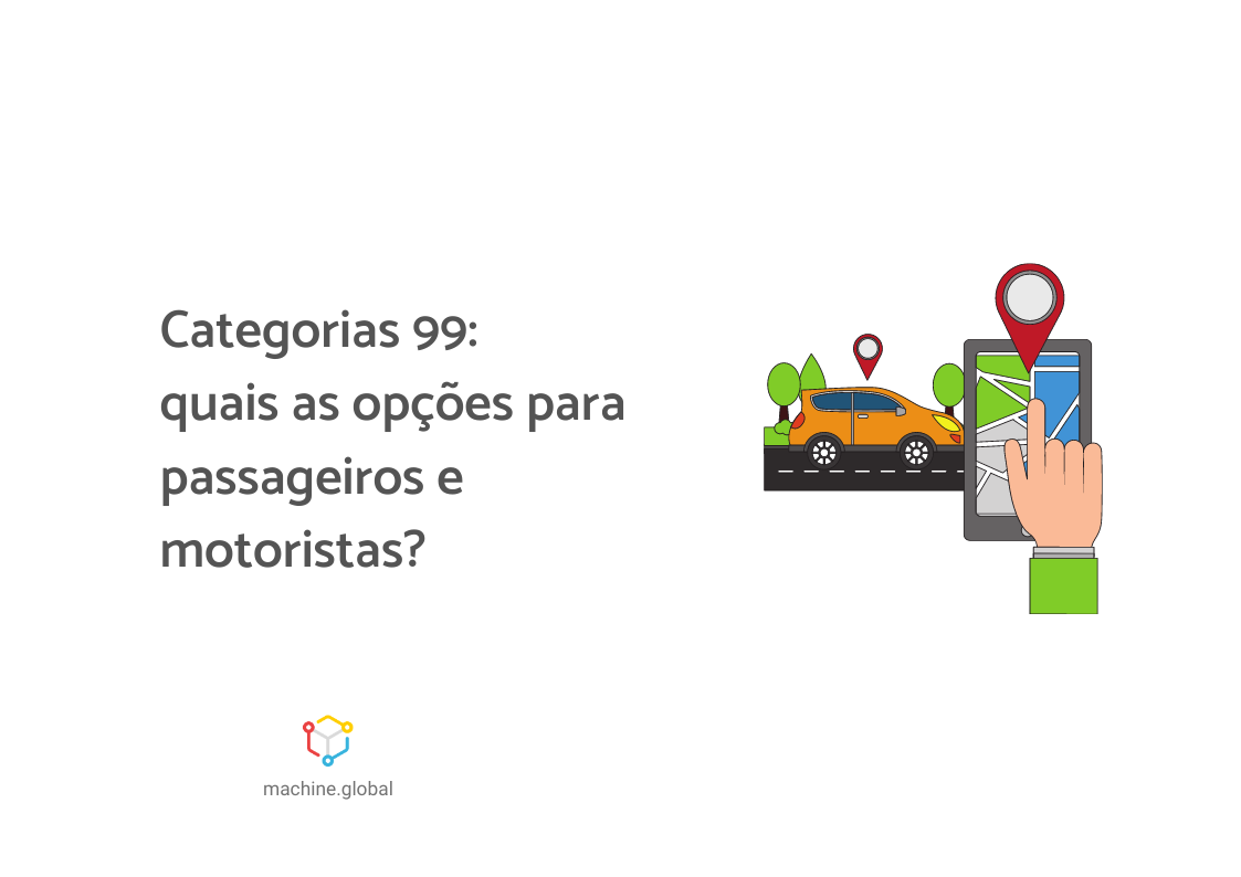 Ilustração de um aplicativo de transporte, há uma mão clicando na tela do celular e ao lado um carro amarelo. Ao lado da imagem está escrito "Categorias 99: quais são as opções para motoristas e passageiros?"