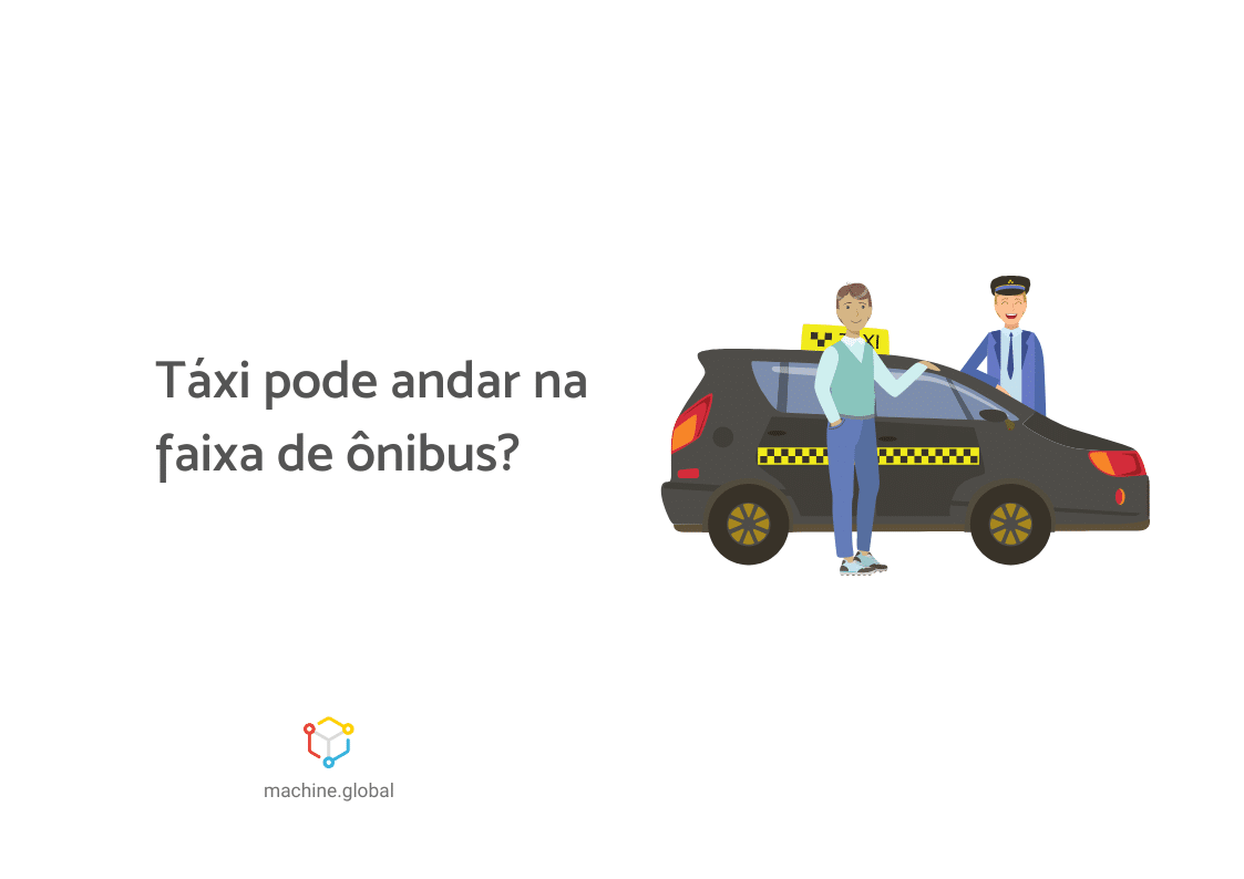 Ilustração de um táxi preto, ao lado estão o taxista e o passageiro. Também está escrito "Táxi pode andar na faixa de ônibus?"