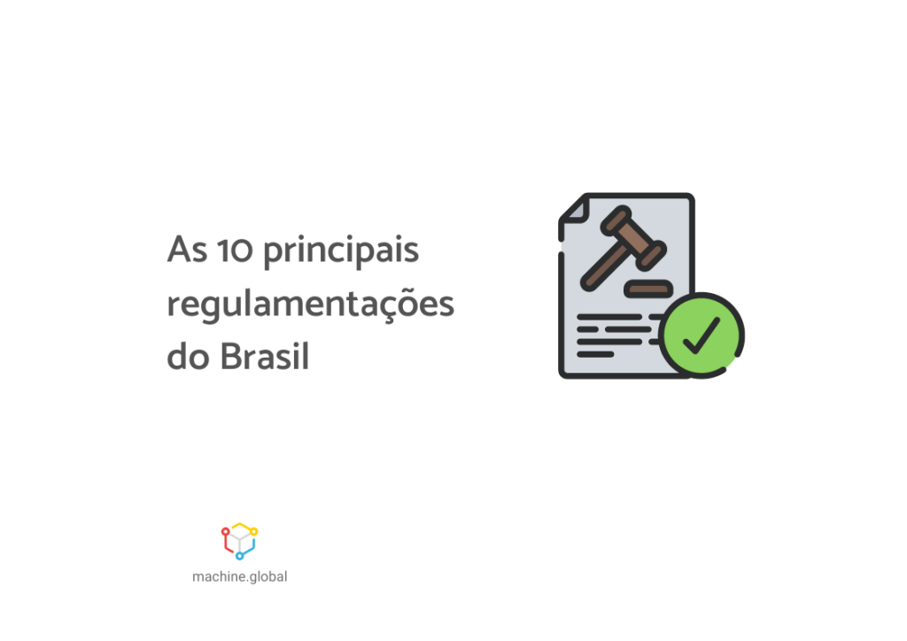 Ilustrações de um papel, há um desenho de um martelo nele, ao lado está escrito "As 10 principais regulamentações do Brasil".