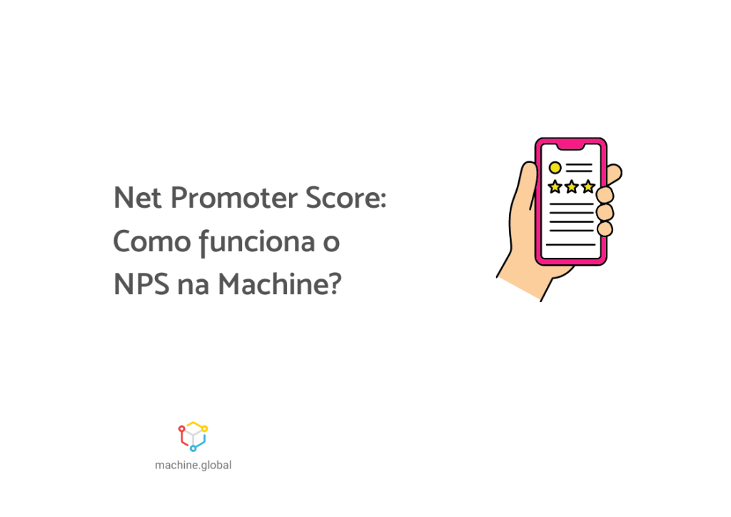 Uma mão segura um celular. Na tela, algum aplicativo está sendo avaliado, ao lado está escrito "Net Promoter Score: como funciona o NPS na Machine?