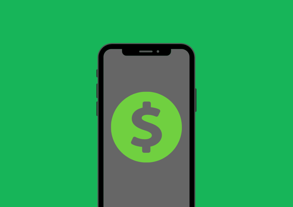 fundo verde com um celular com símbolo de dinheiro na tela