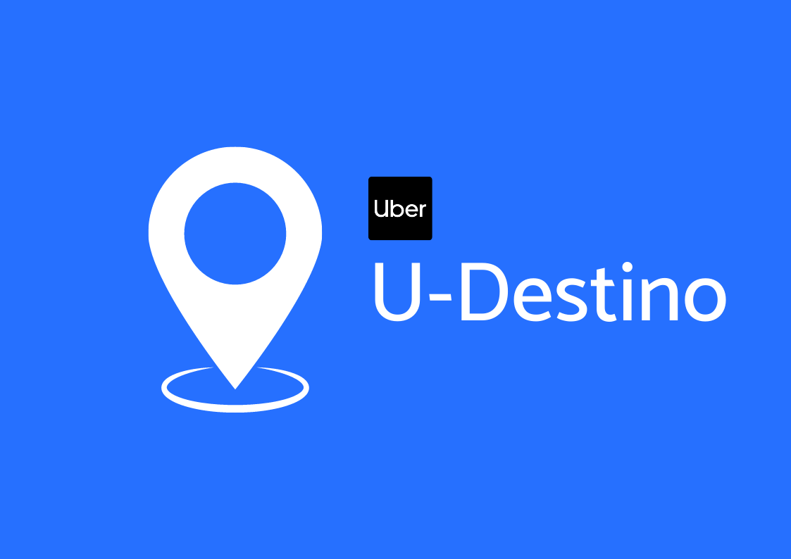 Ícone de pin localizador a esquerda. A direita, está escrito em destaque "U-Destino" com o logotipo da Uber acima.