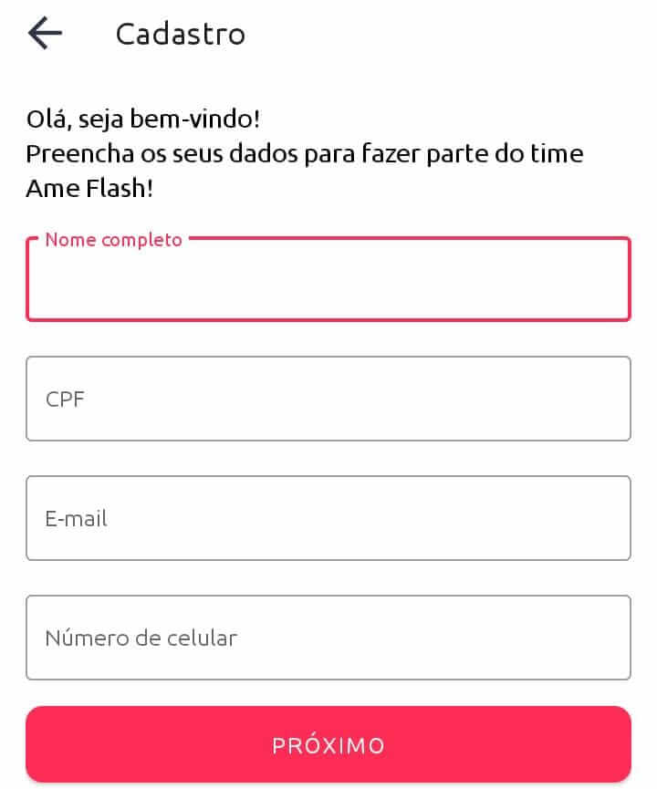 Formulário inicial de cadastro na Ame Flash