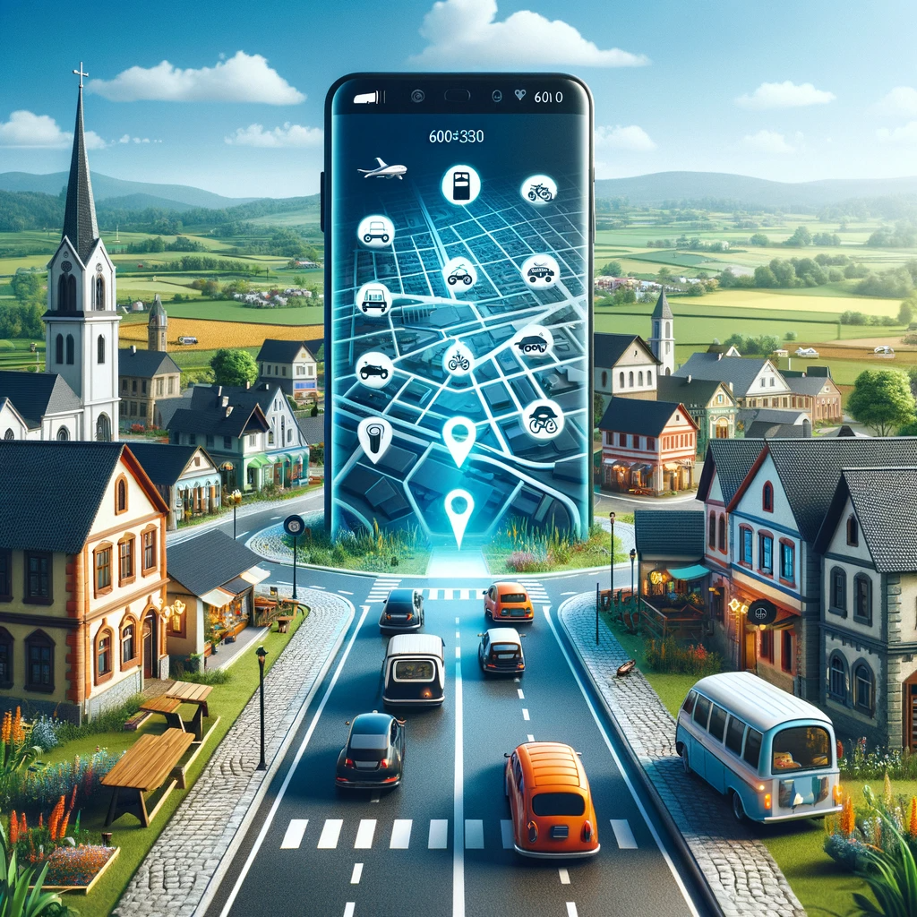 DALL·E 2023 12 08 19.53.06 A digital artwork for a news article cover focused on transportation apps operating in small towns. The center of the image features a large promine