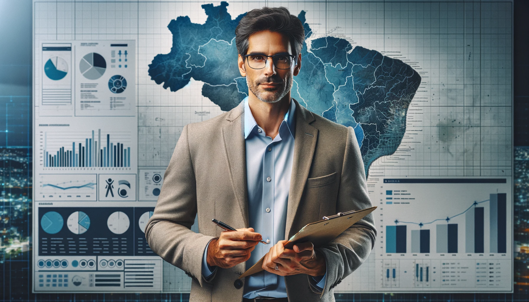 DALL·E 2023 12 15 12.28.55 An image depicting a professional from the Brazilian Institute of Geography and Statistics IBGE. The professional a middle aged Hispanic male is d
