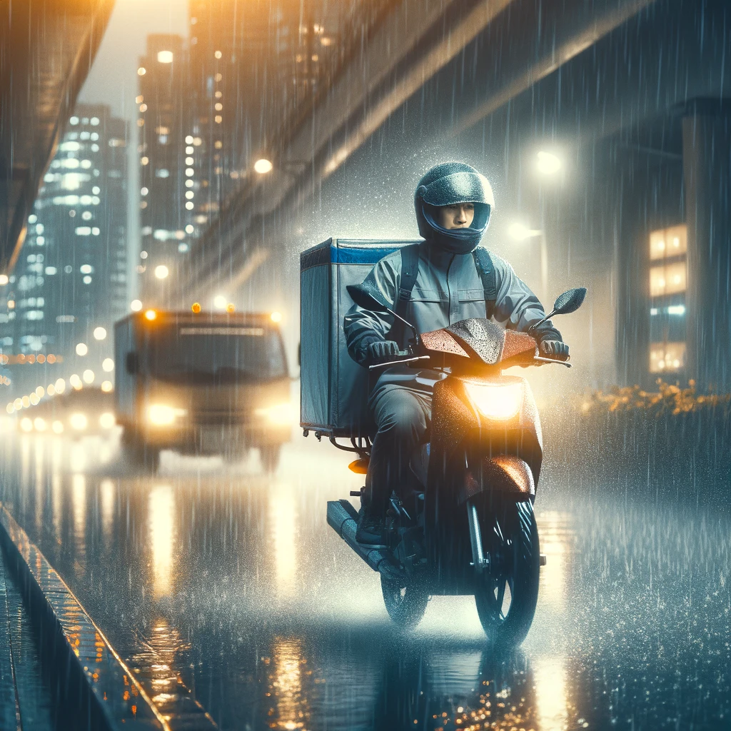 DALL·E 2024 04 30 15.01.50 A delivery rider on a motorcycle in the rain wearing a waterproof jacket and helmet. The scene is set in an urban environment with wet streets reflec