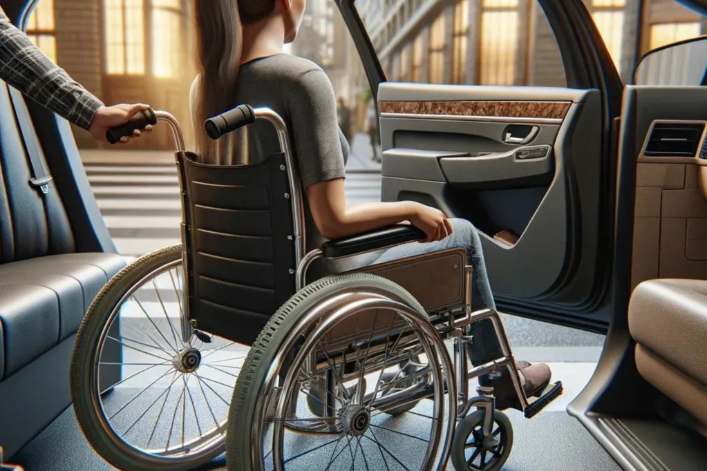 A imagem mostra uma pessoa em uma cadeira de rodas, aparentemente prestes a entrar ou sair de um veículo.