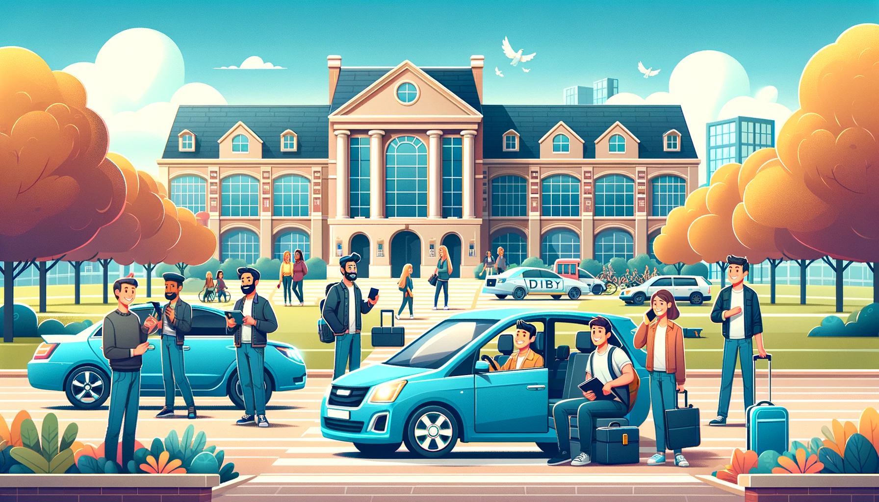DALL·E 2024 05 28 13.30.05 A scene in a university town showing rideshare drivers helping to support their families. The background includes a university campus with students wa