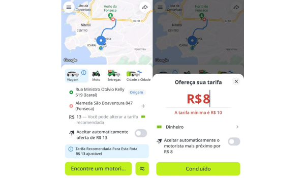 Captura de tela de um aplicativo de transporte mostrando o modelo de leilão de corridas. Na primeira imagem, a tela exibe a rota da corrida, com a origem e o destino especificados, e um valor recomendado de R$13, com a opção de aceitar automaticamente a oferta de R$13. Um botão verde 'Encontre um motorista' está visível na parte inferior. Na segunda imagem, há um campo 'Ofereça sua tarifa' com um valor inserido de R$8 e a informação de que a tarifa mínima é R$10. A opção 'Aceitar automaticamente o motorista mais próximo por R$8' está visível, juntamente com um botão verde 'Concluído' na parte inferior.