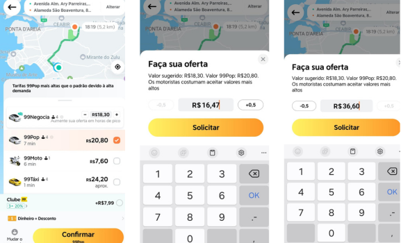 Captura de tela de um aplicativo de transporte mostrando o modelo de leilão de corridas. Na primeira imagem, a tela mostra opções de corridas com diferentes valores e um botão 'Confirmar'. Na segunda imagem, há um campo 'Faça sua oferta' com um valor sugerido de R$18,30 e um campo de entrada de valor configurado para R$16,47. Na terceira imagem, o mesmo campo 'Faça sua oferta' com o valor configurado para R$36,60.