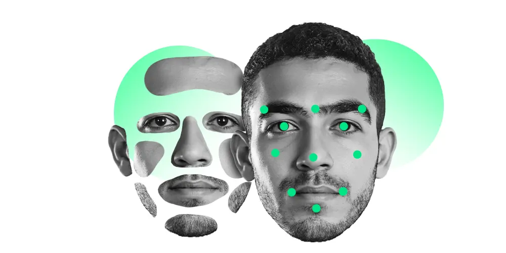 "Imagem ilustrando a tecnologia de reconhecimento facial. À esquerda, uma representação gráfica do mapeamento facial, com áreas destacadas em verde, indicando os pontos principais utilizados para a detecção. À direita, o rosto de um homem, com marcadores verdes posicionados em pontos-chave como os olhos, nariz e boca, mostrando como a tecnologia identifica e analisa as características faciais para reconhecimento."
