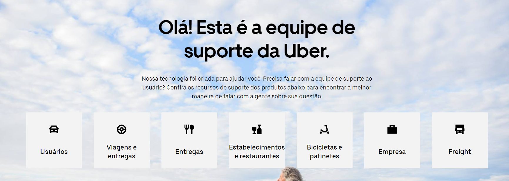 "Olá! Esta é a equipe de suporte da Uber. Nossa tecnologia foi criada para ajudar você. Precisa falar com a equipe de suporte ao usuário? Confira os recursos de suporte dos produtos abaixo para encontrar a melhor maneira de falar com a gente sobre sua questão." Ícones e títulos: 1. Usuários (ícone de carro) 2. Viagens e entregas (ícone de volante) 3. Entregas (ícone de talheres) 4. Estabelecimentos e restaurantes (ícone de taça e garfo) 5. Bicicletas e patinetes (ícone de patinete) 6. Empresa (ícone de pasta) 7. Freight (ícone de caminhão)