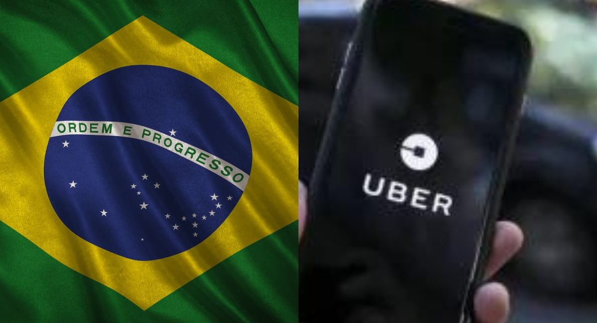 Imagem dividida em duas partes. À esquerda, a bandeira do Brasil com as cores verde, amarelo, azul e branco, com o lema "Ordem e Progresso" no centro. À direita, a mão de uma pessoa segurando um smartphone que exibe a tela de inicialização do aplicativo Uber, com o logotipo da empresa em destaque.