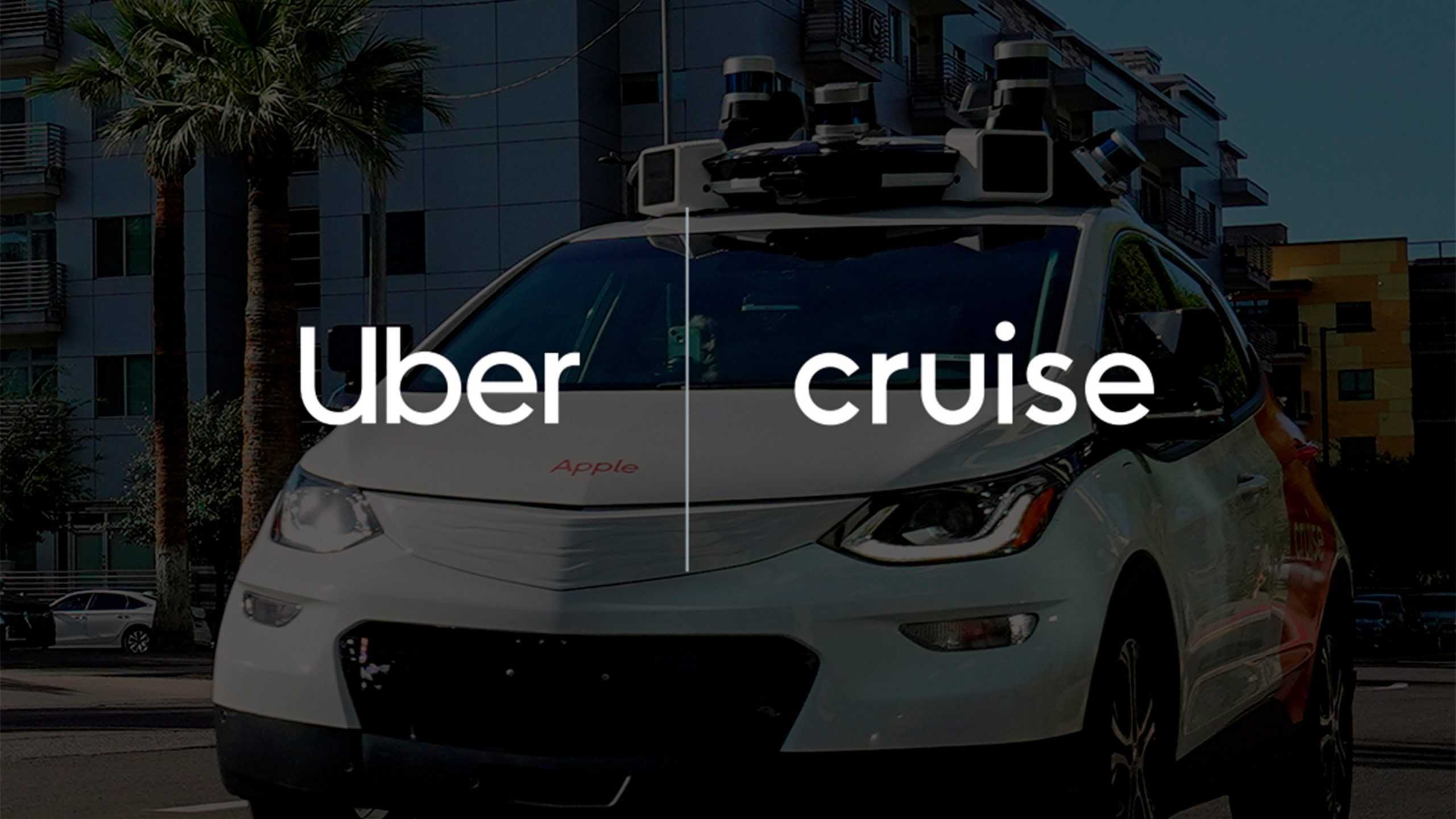 A imagem mostra um veículo autônomo, aparentemente em um ambiente urbano, com as palavras "Uber" e "Cruise" dividindo a tela ao meio. O texto parece indicar uma comparação ou uma parceria entre as duas empresas, que estão envolvidas no desenvolvimento de tecnologias de veículos autônomos. O carro exibido tem equipamentos no teto, possivelmente sensores e câmeras, que são típicos em veículos projetados para condução autônoma.