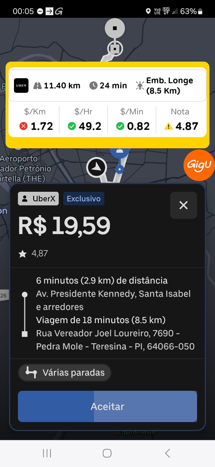 A imagem mostra uma oferta de corrida de um aplicativo de transporte para motoristas, indicando uma viagem de 11,40 km que levará cerca de 24 minutos, com um ponto de embarque a 8,5 km de distância. O valor total da corrida é R$ 19,59 e o passageiro tem uma avaliação de 4,87. Os ganhos estimados para o motorista são de R$ 1,72 por quilômetro, R$ 49,2 por hora, e R$ 0,82 por minuto. A corrida será realizada entre a Avenida Presidente Kennedy, Santa Isabel, e Rua Vereador Joel Loureiro, Pedra Mole, em Teresina, Piauí, com a opção de "Várias paradas".
