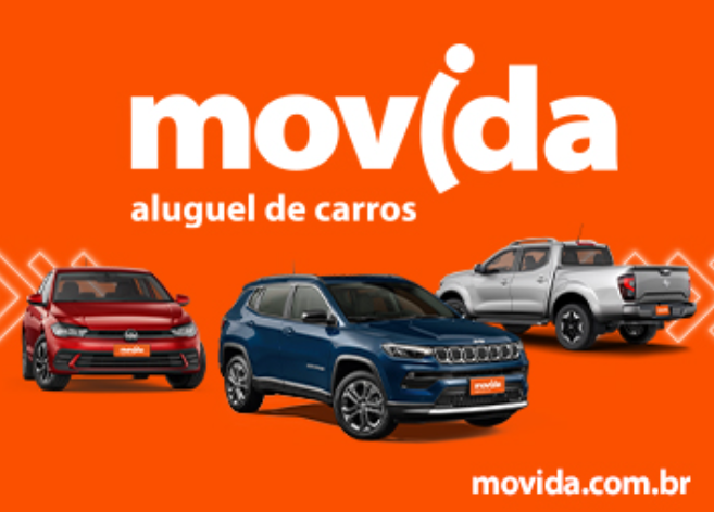 "Três carros da Movida aluguel de carros em destaque com fundo laranja e o logo da empresa."