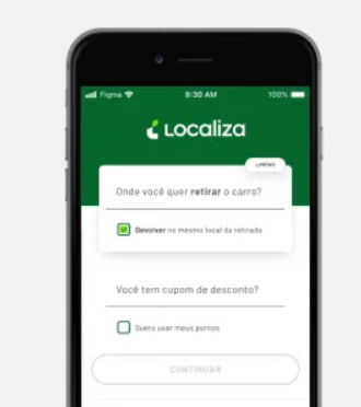 "Aplicativo da Localiza mostrando a tela de seleção de local para retirada de carro."