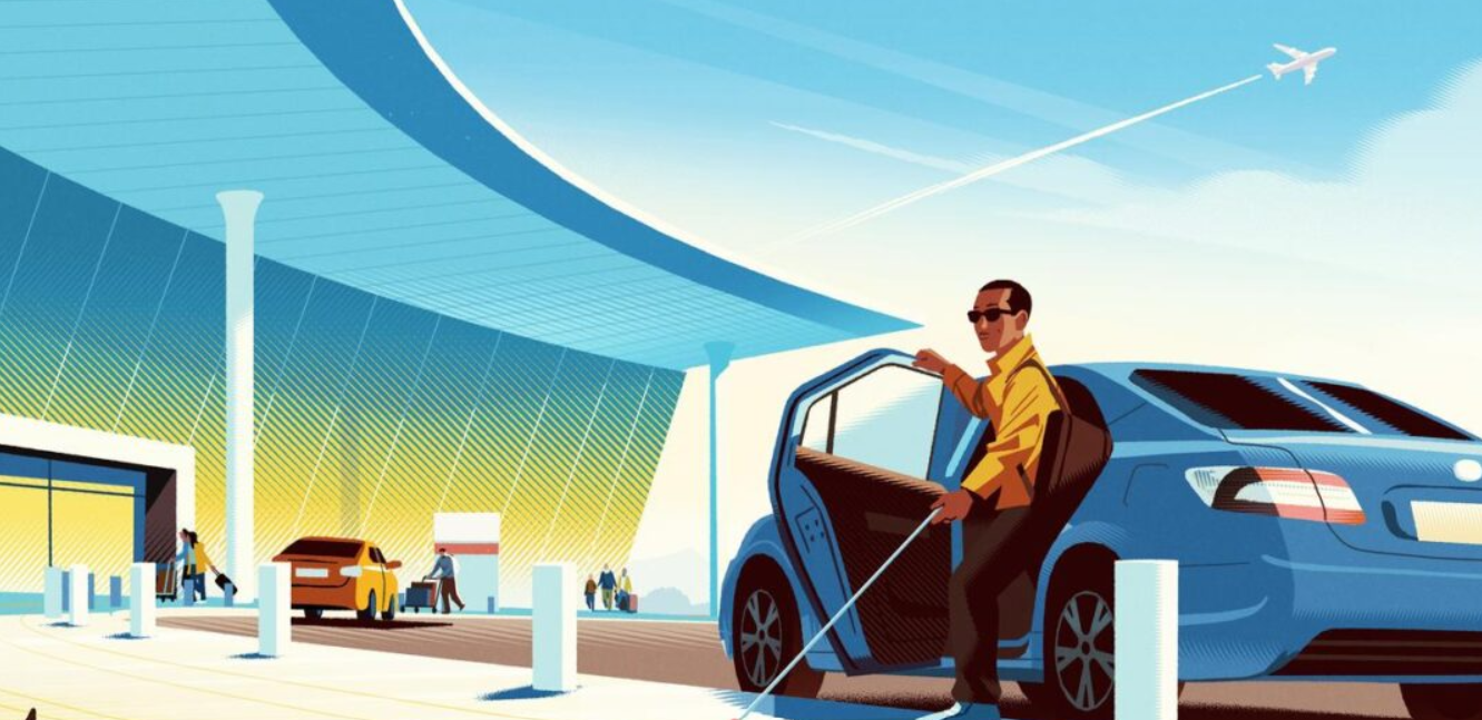 "Homem com deficiência visual saindo de um carro em frente a um aeroporto."