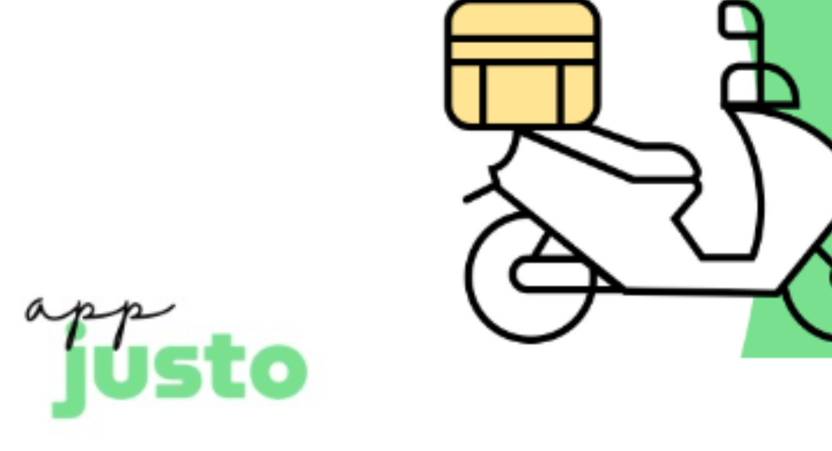 Logo do App Justo com ícone de moto de entrega e o slogan de economia de plataforma justa