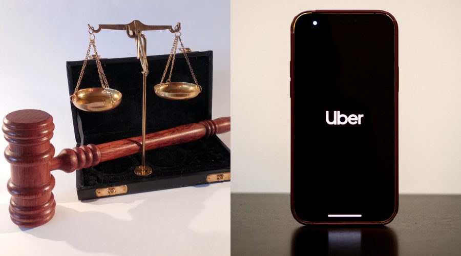 Imagem dividida em duas partes: à esquerda, um martelo de juiz e uma balança da justiça; à direita, um smartphone exibindo a tela inicial do aplicativo Uber.