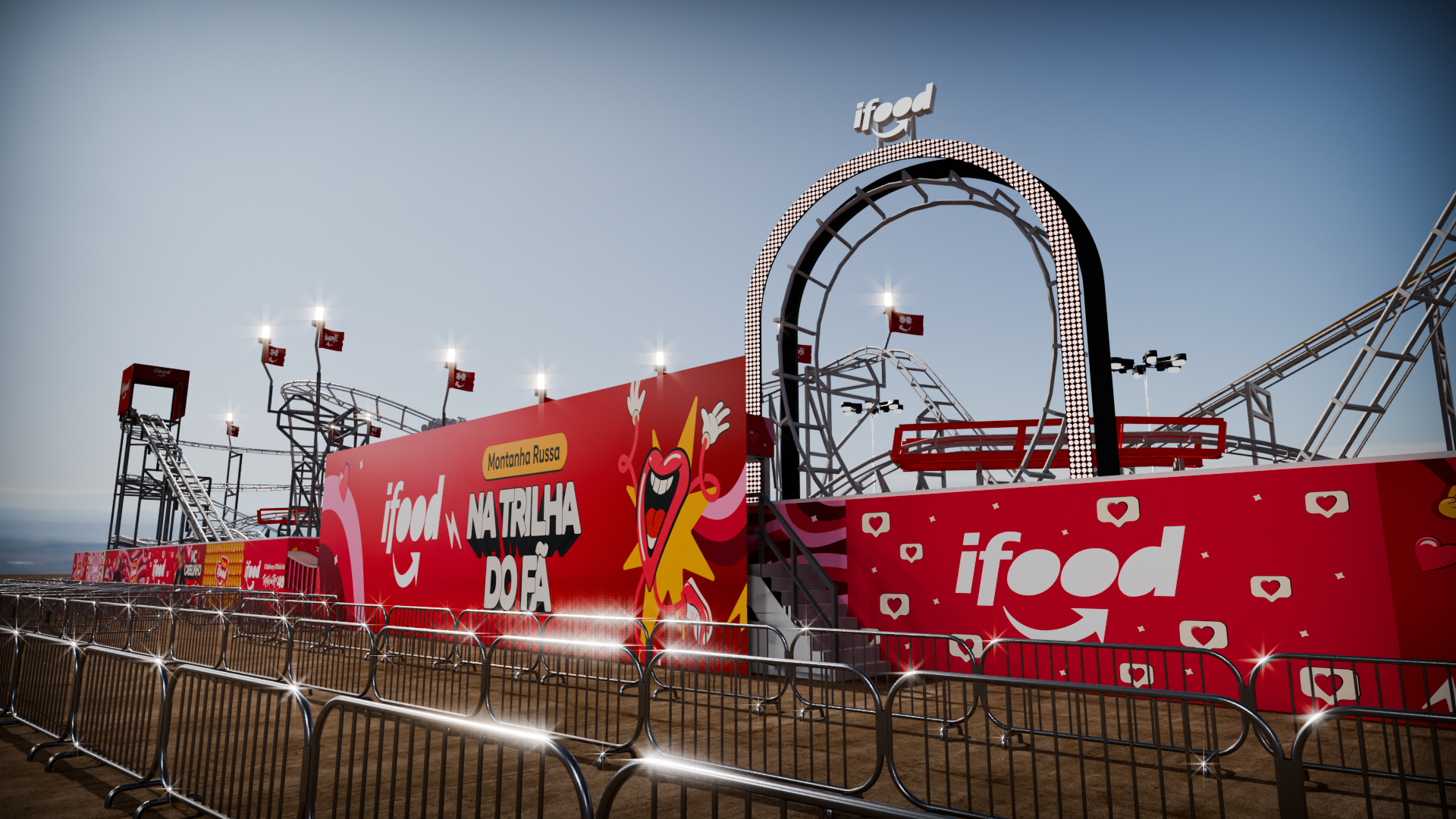Montanha-russa temática do iFood com o título 'Na trilha do fã' em evento promocional, com branding da empresa em destaque e estrutura metálica iluminada.