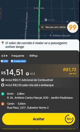 : Oferta de corrida no aplicativo 99Pop, destacando o valor da viagem e tempo estimado.