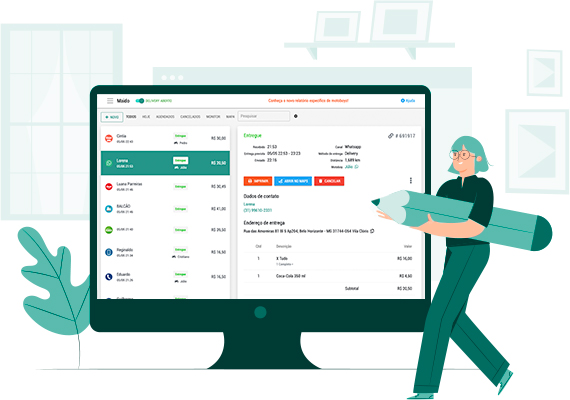 Tela de sistema de gestão de pedidos com informações de entrega e lista de clientes.