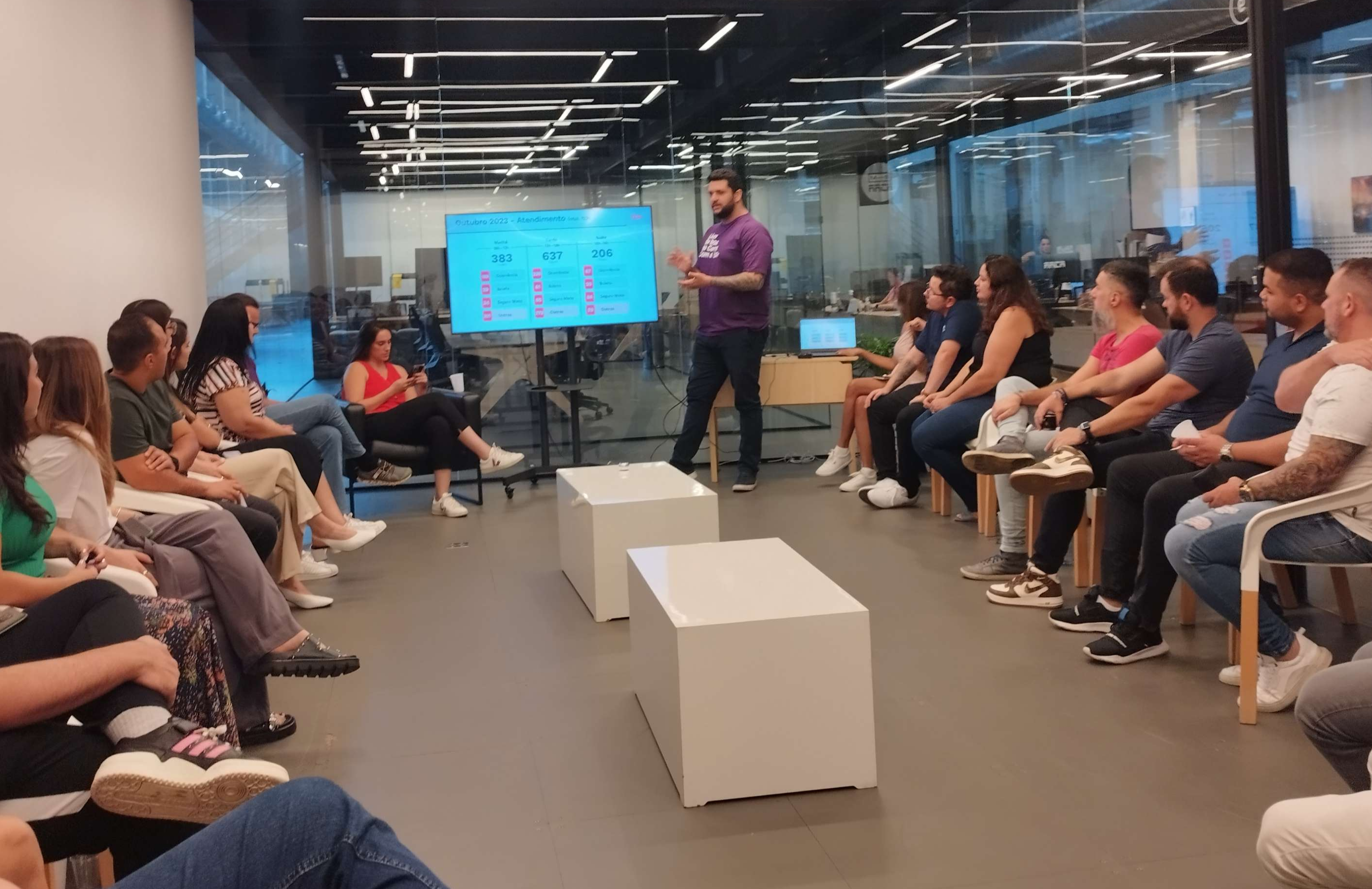 Reunião da equipe da IZA Seguros com apresentação de resultados.