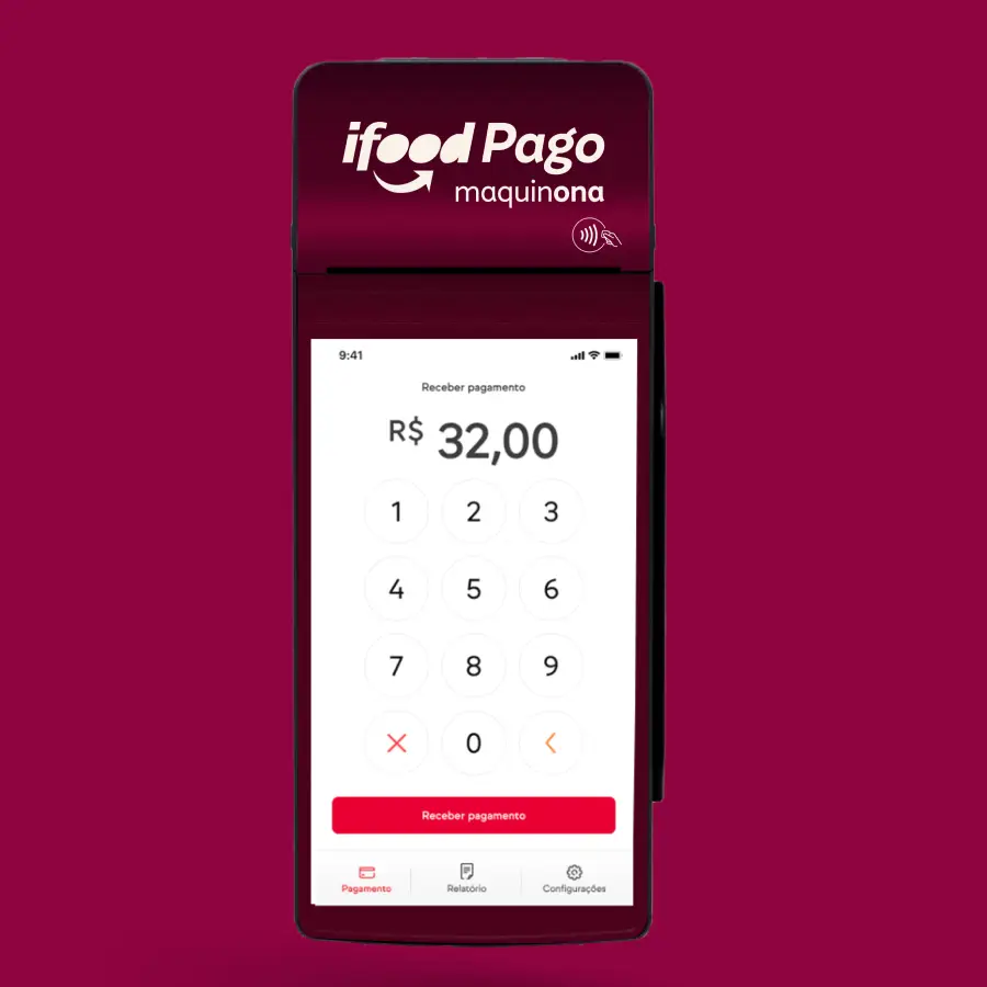 Máquina de cartão iFood Pago Maquinona com tela exibindo valor de R$ 32,00