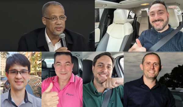 Imagem do time de comentaristas do 55content, composta por influenciadores e motoristas parceiros que contribuem semanalmente com conteúdos sobre o mercado de aplicativos de transporte.