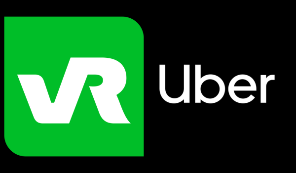 Logotipo da parceria entre VR e Uber, com o símbolo verde e branco da VR ao lado do logotipo da Uber em preto e branco.