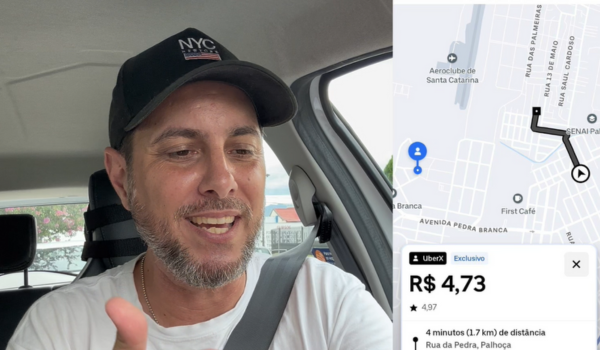 Homem dentro de um carro, usando boné preto e camiseta branca, falando com expressão animada. Ao lado, aparece a tela do aplicativo Uber mostrando uma corrida de R$ 4,73 para um trajeto de 1,7 km na cidade de Palhoça, Santa Catarina.