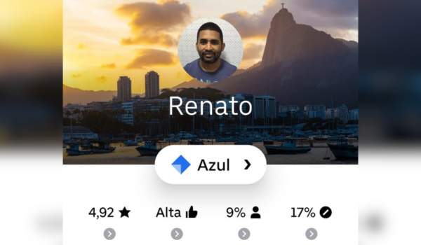 Perfil de um motorista de aplicativo chamado Renato, com avaliação 4,92 estrelas, alta aprovação, 9% de cancelamentos e 17% de aceitação, mostrando o Pão de Açúcar ao fundo.