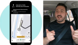 Captura de tela de um aplicativo de navegação exibindo um trajeto até a Avenida dos Andradas ao lado de um motorista de aplicativo, que está dentro do carro, vestindo uma camiseta preta e gesticulando com as mãos enquanto fala.
