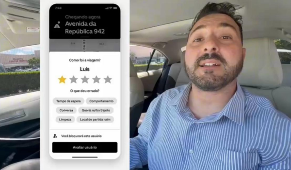 Motorista de aplicativo dentro do carro, vestindo uma camisa listrada azul e branca, falando para a câmera. Ao lado, uma captura de tela de um aplicativo de transporte mostrando uma avaliação de viagem com 1 estrela e opções para justificar a nota.