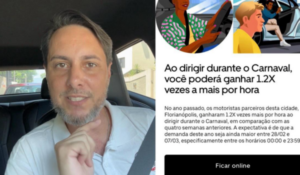 Homem com barba e camisa branca dentro de um carro, falando para a câmera. Ao lado, um print de uma tela com ilustração de motoristas e um texto sobre ganhos extras ao dirigir durante o Carnaval.