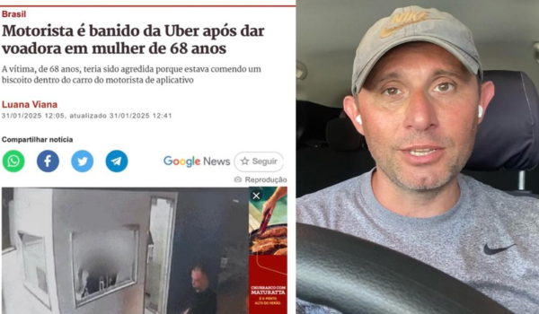 Captura de tela de uma matéria de notícia intitulada "Motorista é banido da Uber após dar voadora em mulher de 68 anos", acompanhada de uma foto de um homem de boné dentro de um carro.