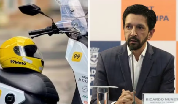 Montagem com duas imagens. À esquerda, uma motocicleta elétrica da 99Moto com um capacete amarelo sobre o banco. À direita, o prefeito de São Paulo, Ricardo Nunes, falando em uma coletiva de imprensa.