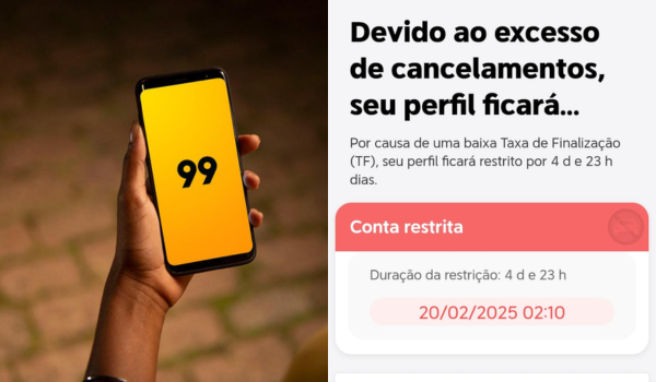 Tela de um celular exibindo o aplicativo 99 com fundo amarelo e número "99" preto. Ao lado, uma notificação do aplicativo informando que a conta está restrita devido a excesso de cancelamentos, com um período de bloqueio de aproximadamente 5 dias.