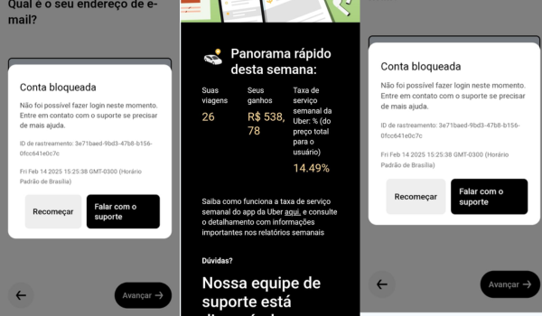 Tela de um aplicativo com informações de conta bloqueada, incluindo opções de entrar em contato com o suporte, e detalhes sobre viagens e ganhos semanais.