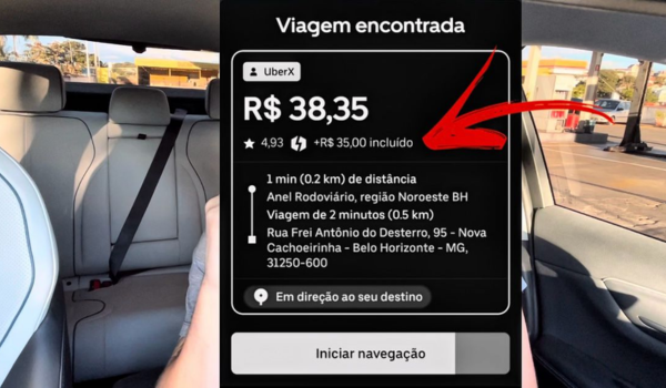 Tela de um aplicativo de transporte exibindo detalhes de uma viagem encontrada, com o valor de R$ 38,35, sendo que R$ 35,00 estão incluídos como um adicional. Uma seta vermelha destaca essa informação na tela.