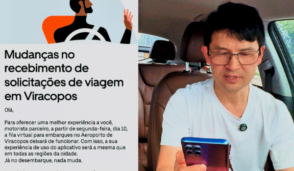 Motorista de aplicativo dentro do carro, usando um smartphone. Ao lado, um aviso sobre mudanças no recebimento de solicitações de viagem no Aeroporto de Viracopos.