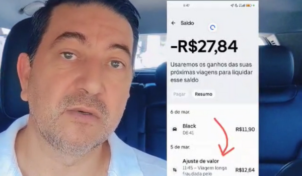 Motorista de aplicativo dentro do carro, com expressão séria, ao lado de uma captura de tela do aplicativo de transporte mostrando saldo negativo e um ajuste de valor devido a uma "viagem longa fraudada".