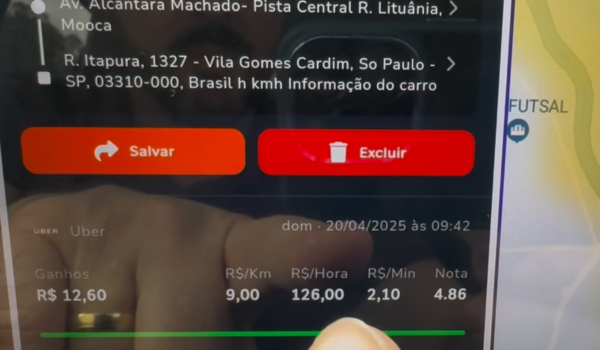 Tela de um aplicativo de motorista da Uber exibindo detalhes de uma corrida realizada em 20 de abril de 2025, com informações sobre ganhos, desempenho e avaliação.