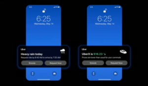 Dois smartphones exibindo alertas de trajeto da Uber na tela de bloqueio. O primeiro alerta menciona chuva intensa e sugere agendar uma corrida para evitar atrasos. O segundo alerta mostra o preço reduzido de uma corrida UberX.
