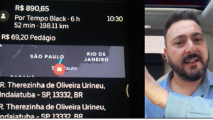 Montagem com print de corrida da Uber no valor de R$ 890,65 e homem de barba em carro, explicando ou comentando a corrida.