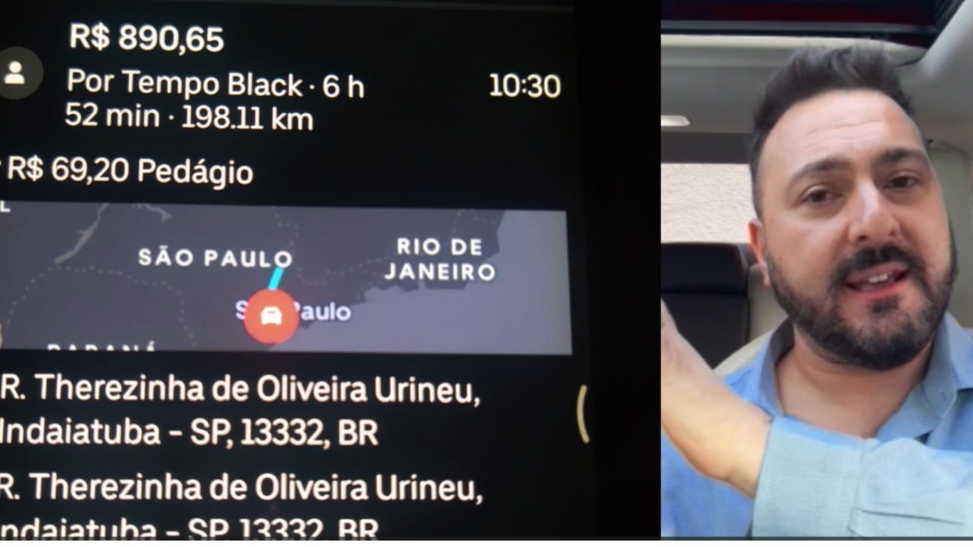 Montagem com print de corrida da Uber no valor de R$ 890,65 e homem de barba em carro, explicando ou comentando a corrida.