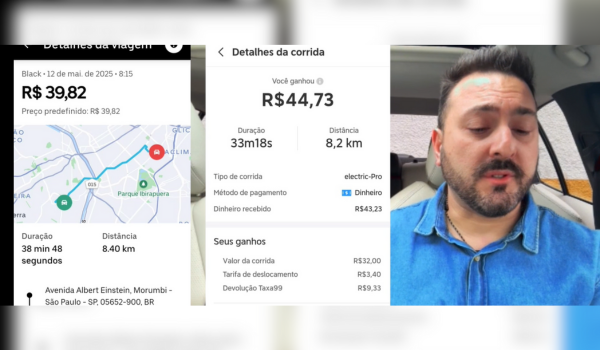 Montagem com três imagens: à esquerda, tela do aplicativo Uber mostrando uma corrida Black em 12 de maio de 2025 às 8h15, com duração de 38min48s e valor de R$39,82; ao centro, tela do app 99 exibindo corrida do tipo electric-Pro, com 33min18s de duração, distância de 8,2 km e valor recebido de R$44,73; à direita, homem de barba e camisa azul fala dentro de um carro.