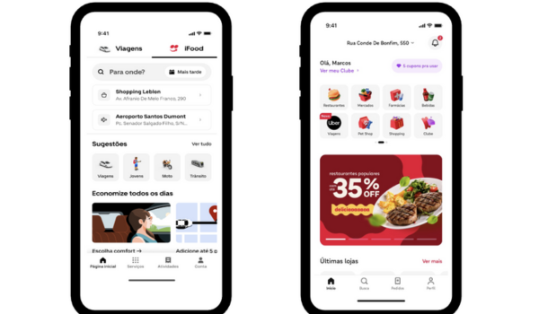 Dois smartphones exibindo as telas do aplicativo da Uber. A tela da esquerda mostra a interface de viagens com sugestões de destinos e promoções. A tela da direita exibe a aba de entregas com restaurantes e ofertas destacadas, como 35% de desconto.